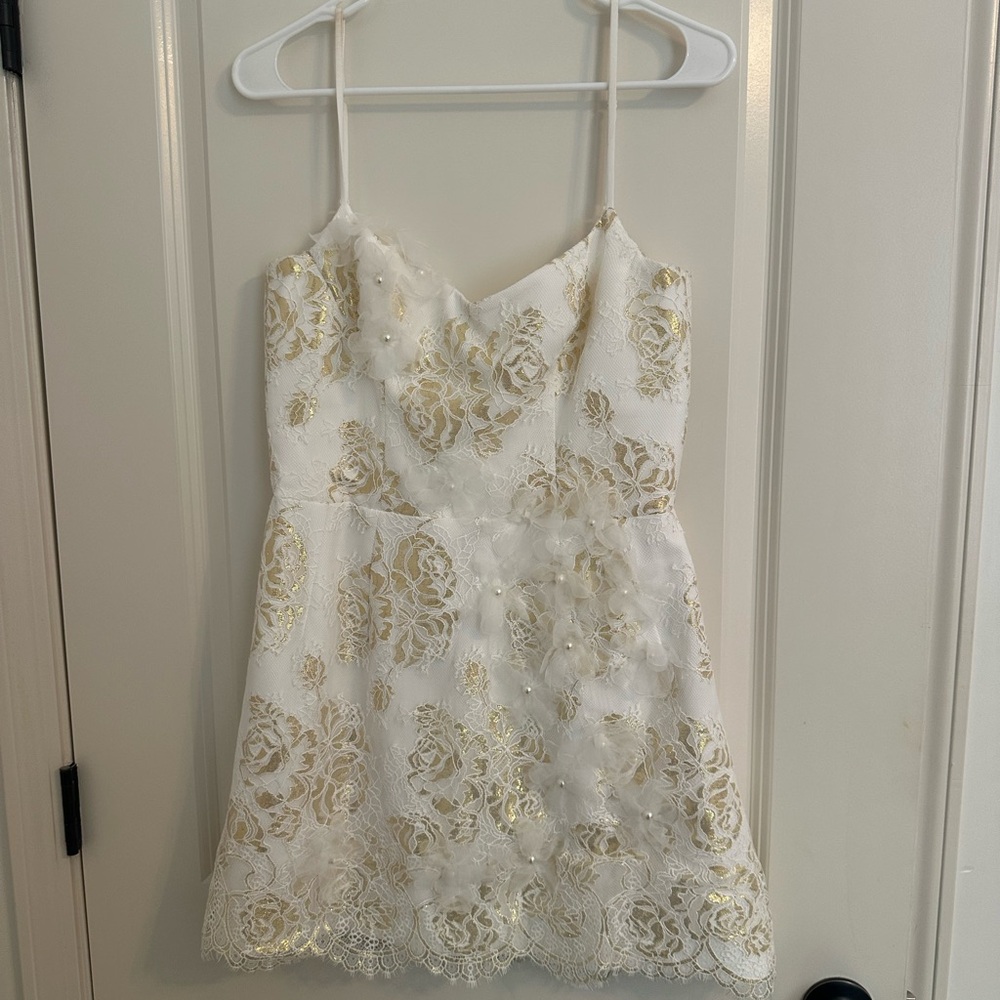 Girls White and Gold Floral Lace Dress